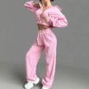 Waffle Knit Collar Zip Crop Jacket Wide Leg Pant Tracksuit Set