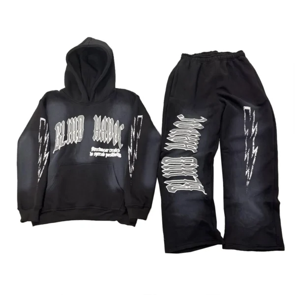 Gothic Letter Patch Wide Leg Hoodie Tracksuit