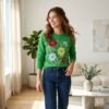 Colorful Floral Heart Patch Embroidery Green Crewneck Sweatshirt