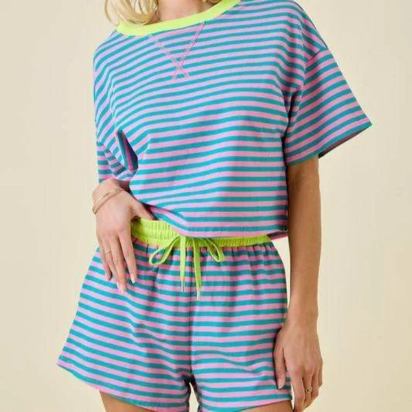 Contrast Trim Striped Tee & Short Loungewear Set Contrast Trim Striped Tee & Short Loungewear Set