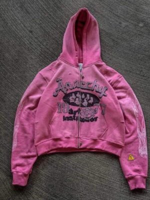 Anarchy 1977 Vintage Distressed Rhinestone Crop Zip Hoodie Anarchy 1977 Vintage Distressed Rhinestone Crop Zip Hoodie