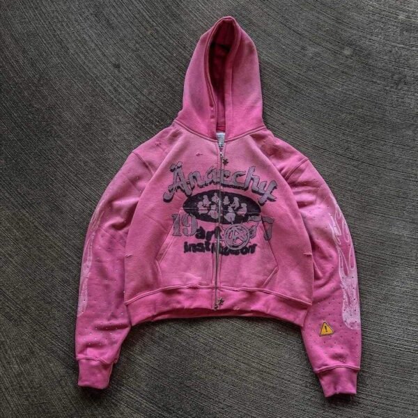 Anarchy 1977 Vintage Distressed Rhinestone Crop Zip Hoodie