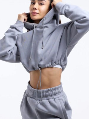 Custom Logo Drawstring Hem Crop Hoodie Wide Leg Sweatpant Tracksuit Set
