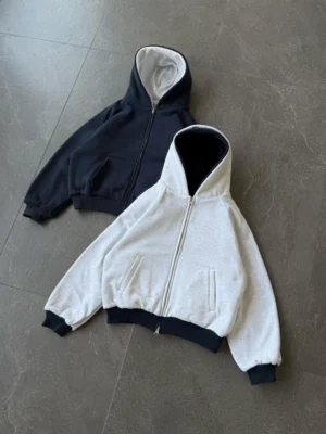 Two-Tone Lined Oversized Cropped Zip Hoodie