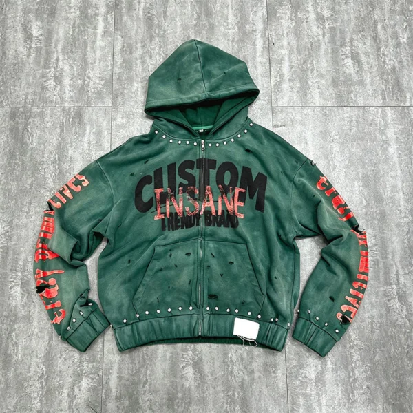Distressed Studded Zip-Up Graphic Hoodie Distressed Studded Zip-Up Graphic Hoodie