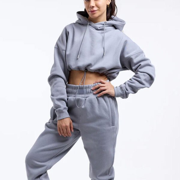 Custom Logo Drawstring Hem Crop Hoodie Wide Leg Sweatpant Tracksuit Set