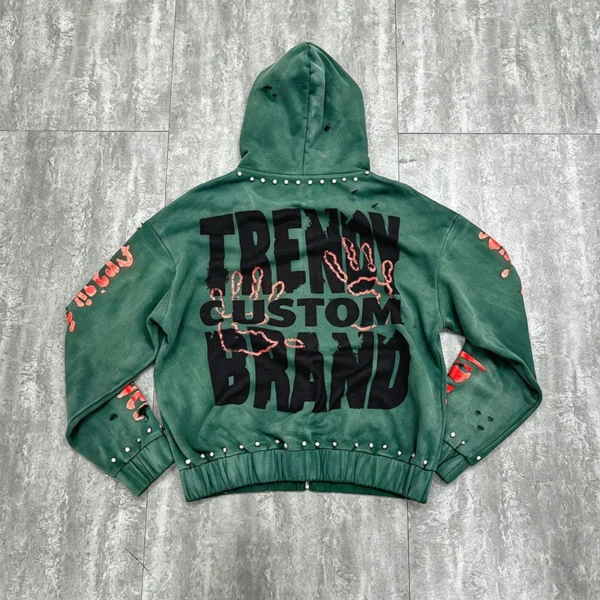 Distressed Studded Zip-Up Graphic Hoodie Distressed Studded Zip-Up Graphic Hoodie