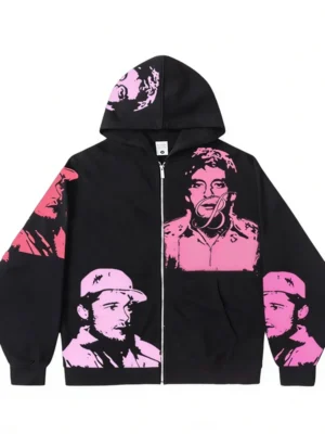 Multicolor Portrait Full Zip Oversized Hooded Jacket