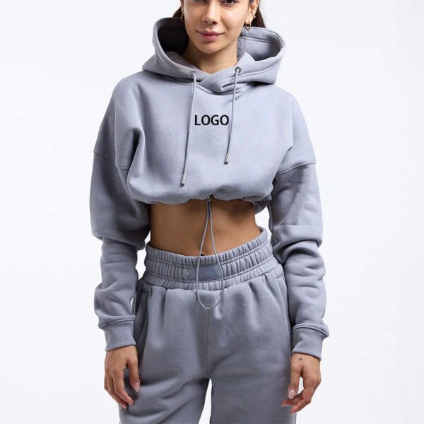 Custom Logo Drawstring Hem Crop Hoodie Wide Leg Sweatpant Tracksuit Set