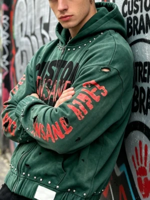 Distressed Studded Zip-Up Graphic Hoodie Distressed Studded Zip-Up Graphic Hoodie