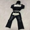 ONVIOUS Skull Chenille Crop Zip Hoodie Flare Tracksuit Set