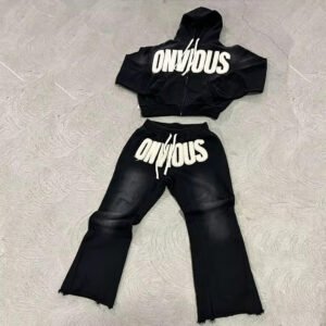ONVIOUS Skull Chenille Crop Zip Hoodie Flare Tracksuit Set