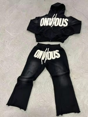 ONVIOUS Skull Chenille Crop Zip Hoodie Flare Tracksuit Set