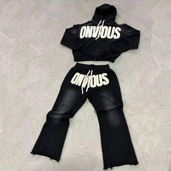ONVIOUS Skull Chenille Crop Zip Hoodie Flare Tracksuit Set ONVIOUS Skull Chenille Crop Zip Hoodie Flare Tracksuit Set