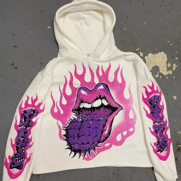 Pink Flame Spiky Tongue Graphic Cropped Hoodie Pink Flame Spiky Tongue Graphic Cropped Hoodie