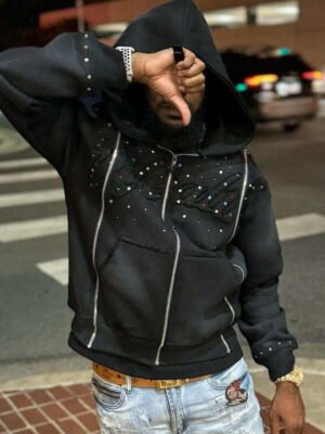 Color Rhinestone Fringe Script Zip Up Hooded Jacket Color Rhinestone Fringe Script Zip Up Hooded Jacket