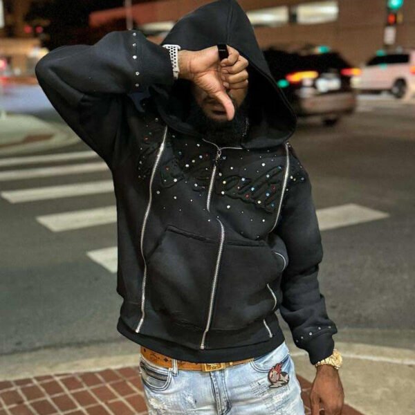 Color Rhinestone Fringe Script Zip Up Hooded Jacket Color Rhinestone Fringe Script Zip Up Hooded Jacket