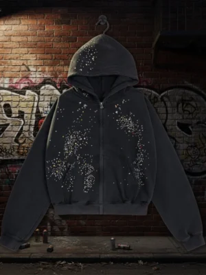Star Rhinestone Washed Cropped Zip Hoodie