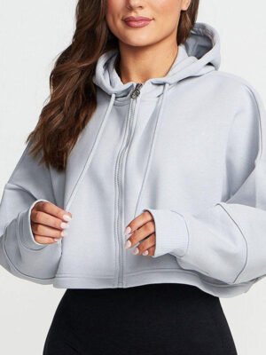 Light Grey Blank Custom Logo Full Zip Crop Hooded Jacket