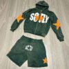 Vintage Wash Star Patch SOFLY Letter Zip Hoodie Short Tracksuit Set