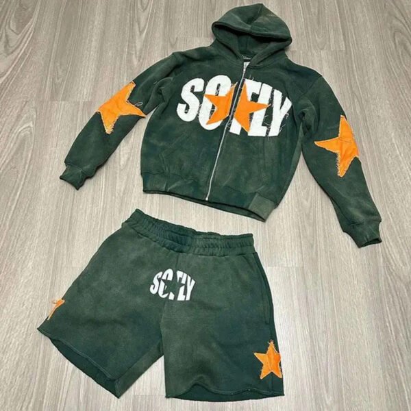 Vintage Wash Star Patch SOFLY Letter Zip Hoodie Short Tracksuit Set
