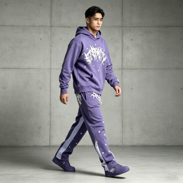 Purple Gothic Star Print Matching Hoodie Track Suit Purple Gothic Star Print Matching Hoodie Track Suit