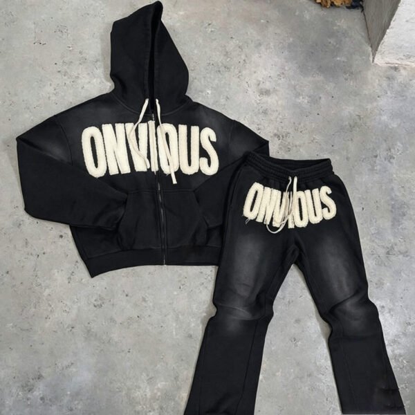 ONVIOUS Skull Chenille Crop Zip Hoodie Flare Tracksuit Set ONVIOUS Skull Chenille Crop Zip Hoodie Flare Tracksuit Set