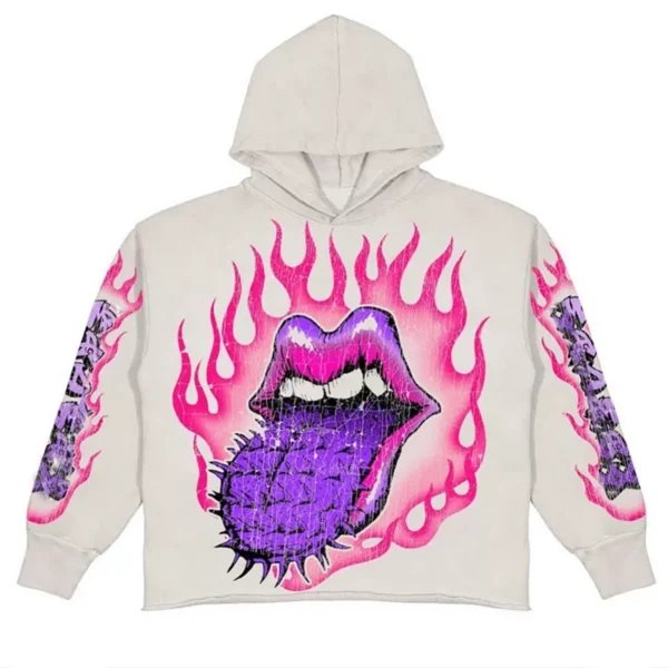 Pink Flame Spiky Tongue Graphic Cropped Hoodie Pink Flame Spiky Tongue Graphic Cropped Hoodie