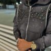 Color Rhinestone Fringe Script Zip Up Hooded Jacket Color Rhinestone Fringe Script Zip Up Hooded Jacket