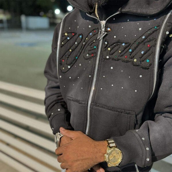 Color Rhinestone Fringe Script Zip Up Hooded Jacket Color Rhinestone Fringe Script Zip Up Hooded Jacket