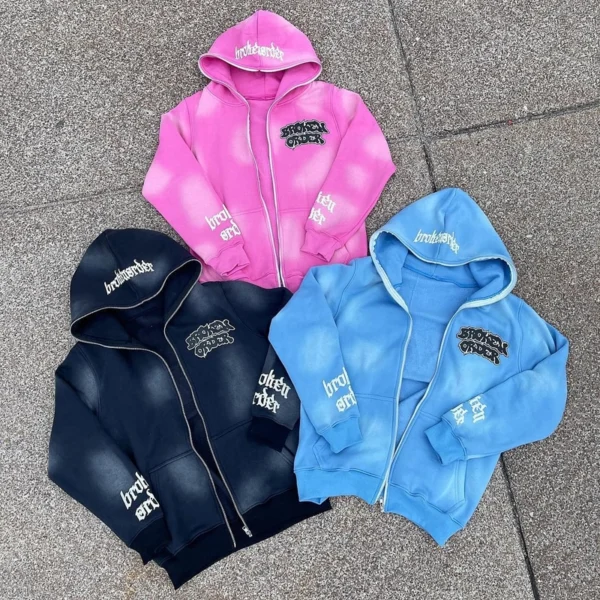 Spot Washed Gothic Patch Zip Hoodie & Flare Pant Set