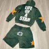 Vintage Wash Star Patch SOFLY Letter Zip Hoodie Short Tracksuit Set