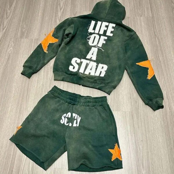 Vintage Wash Star Patch SOFLY Letter Zip Hoodie Short Tracksuit Set