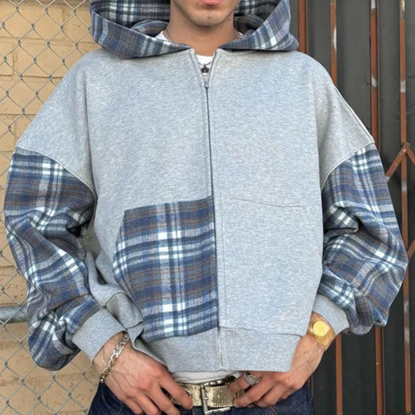 Plaid Color Block Zip-Up Hoodie Plaid Color Block Zip-Up Hoodie