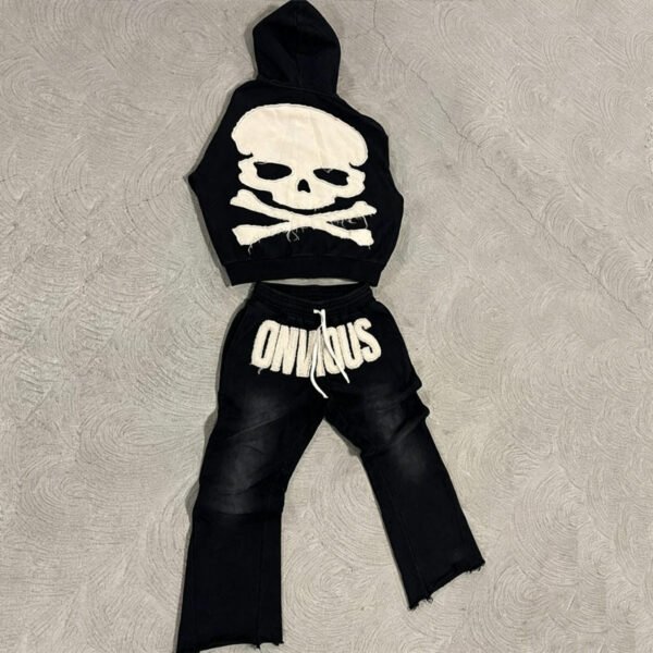 ONVIOUS Skull Chenille Crop Zip Hoodie Flare Tracksuit Set ONVIOUS Skull Chenille Crop Zip Hoodie Flare Tracksuit Set