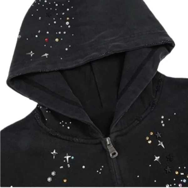 Star Rhinestone Washed Cropped Zip Hoodie