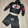 Vintage Wash Star Patch SOFLY Letter Zip Hoodie Short Tracksuit Set