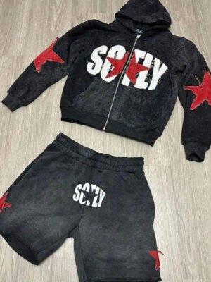 Vintage Wash Star Patch SOFLY Letter Zip Hoodie Short Tracksuit Set Vintage Wash Star Patch SOFLY Letter Zip Hoodie Short Tracksuit Set