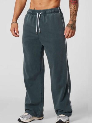 Side White Piping Blank Custom Logo Wide Leg Fleece Sweatpants