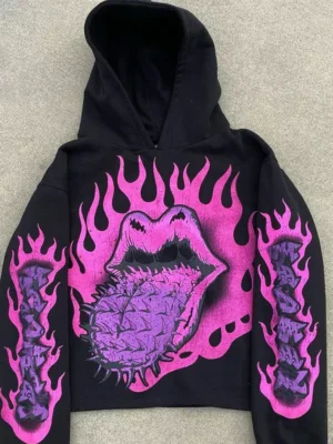 Pink Flame Spiky Tongue Graphic Cropped Hoodie