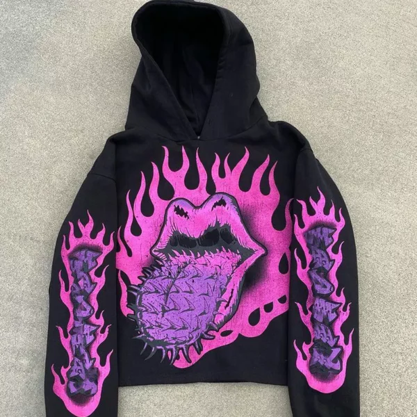 Pink Flame Spiky Tongue Graphic Cropped Hoodie Pink Flame Spiky Tongue Graphic Cropped Hoodie