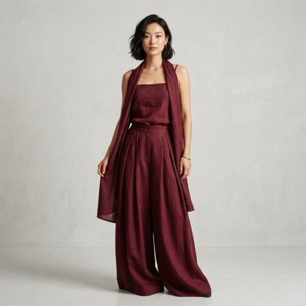 Burgundy Linen Lace-Up Back Tank Wide Leg Pants Shawl 3 Piece Women Set Burgundy Linen Lace-Up Back Tank Wide Leg Pants Shawl 3 Piece Women Set