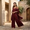 Burgundy Linen Lace-Up Back Tank Wide Leg Pants Shawl 3 Piece Women Set Burgundy Linen Lace-Up Back Tank Wide Leg Pants Shawl 3 Piece Women Set
