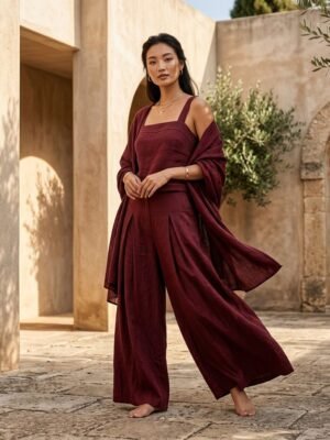 Burgundy Linen Lace-Up Back Tank Wide Leg Pants Shawl 3 Piece Women Set Burgundy Linen Lace-Up Back Tank Wide Leg Pants Shawl 3 Piece Women Set