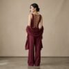 Burgundy Linen Lace-Up Back Tank Wide Leg Pants Shawl 3 Piece Women Set Burgundy Linen Lace-Up Back Tank Wide Leg Pants Shawl 3 Piece Women Set