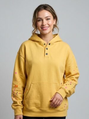 Color Splash Paint Splatter Henley Collar Yellow Pullover Hoodie Color Splash Paint Splatter Henley Collar Yellow Pullover Hoodie