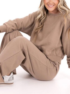 Cropped Drop Shoulder Crewneck Split Hem Wide Leg Sweatpants 2 Piece Set Cropped Drop Shoulder Crewneck Split Hem Wide Leg Sweatpants 2 Piece Set
