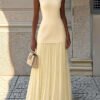 Boat Neck Sleeveless Split Fabric Pleated Maxi Dress