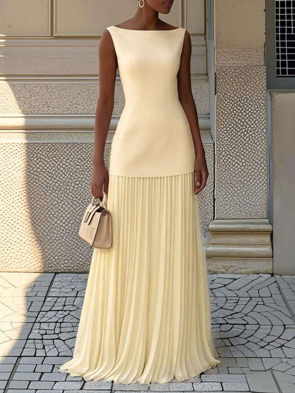 Boat Neck Sleeveless Split Fabric Pleated Maxi Dress