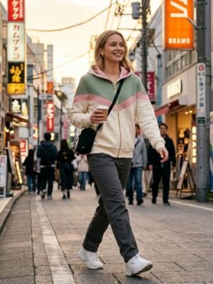 Cream Green Pink Chevron Color Block Full Zip Hooded Jacket